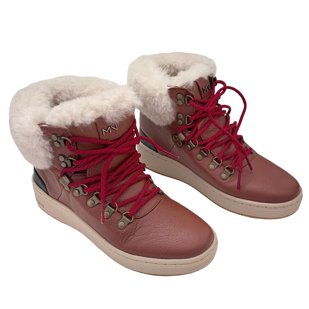 Mark Nason Brown Leather Red Lace-Up Ivory Fur Cuffs Designer Ankle Boots